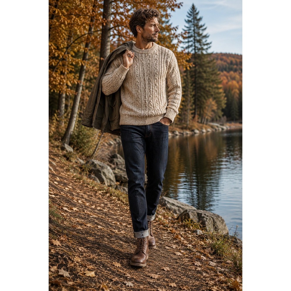 Vintage High Sierra Cable Knit Sweater Mens L Oatmeal Ramie Wool Fisherman